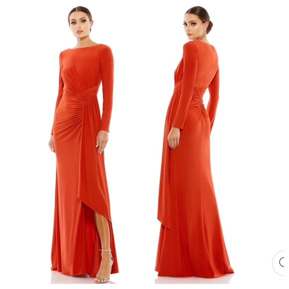 MAC DUGGAL RUCHED LONG SLEEVE COWL NECK GOWN BRICK SIZE 4 NWT - Picture 1 of 8